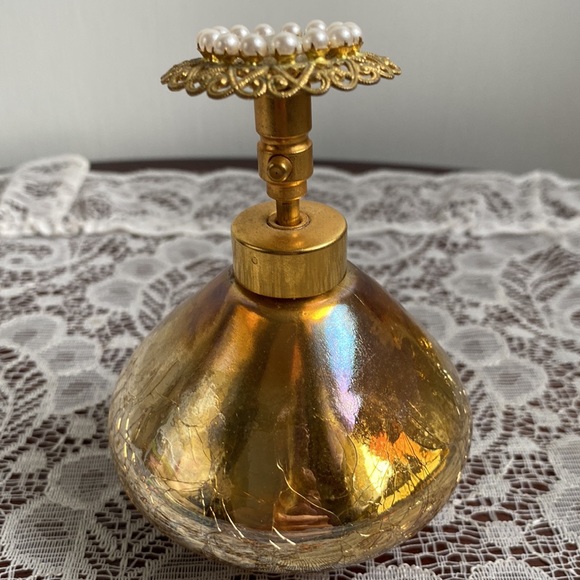 HolmSpray Perfume Diffuser Atomizer Gold Crackle Leaf with Pearl accents Patina - Picture 1 of 7